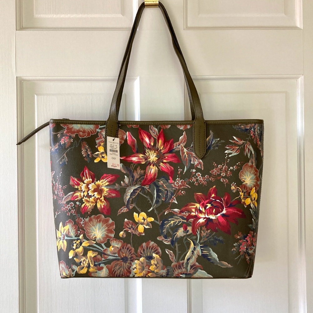 NWT Large Olive Floral Tote Talbots Zip Top Splendid Floral 14" X 12" X 5"